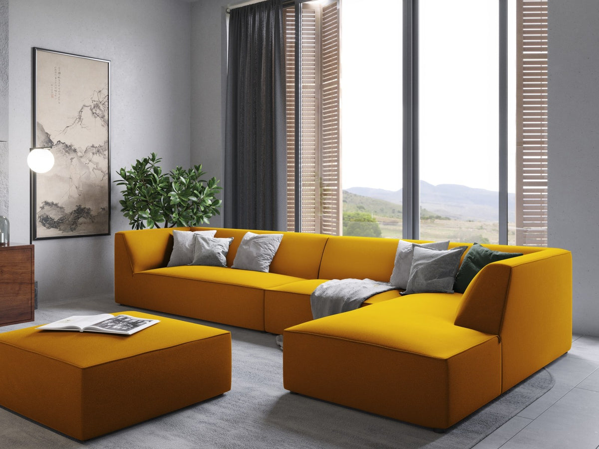 Modulares Ecksofa rechts mit Samtbezug in Beige-Salvador, Récamiere, Massivholzrahmen und schwarzen Kunststoffbeinen, 5-Sitzer Ausführung.