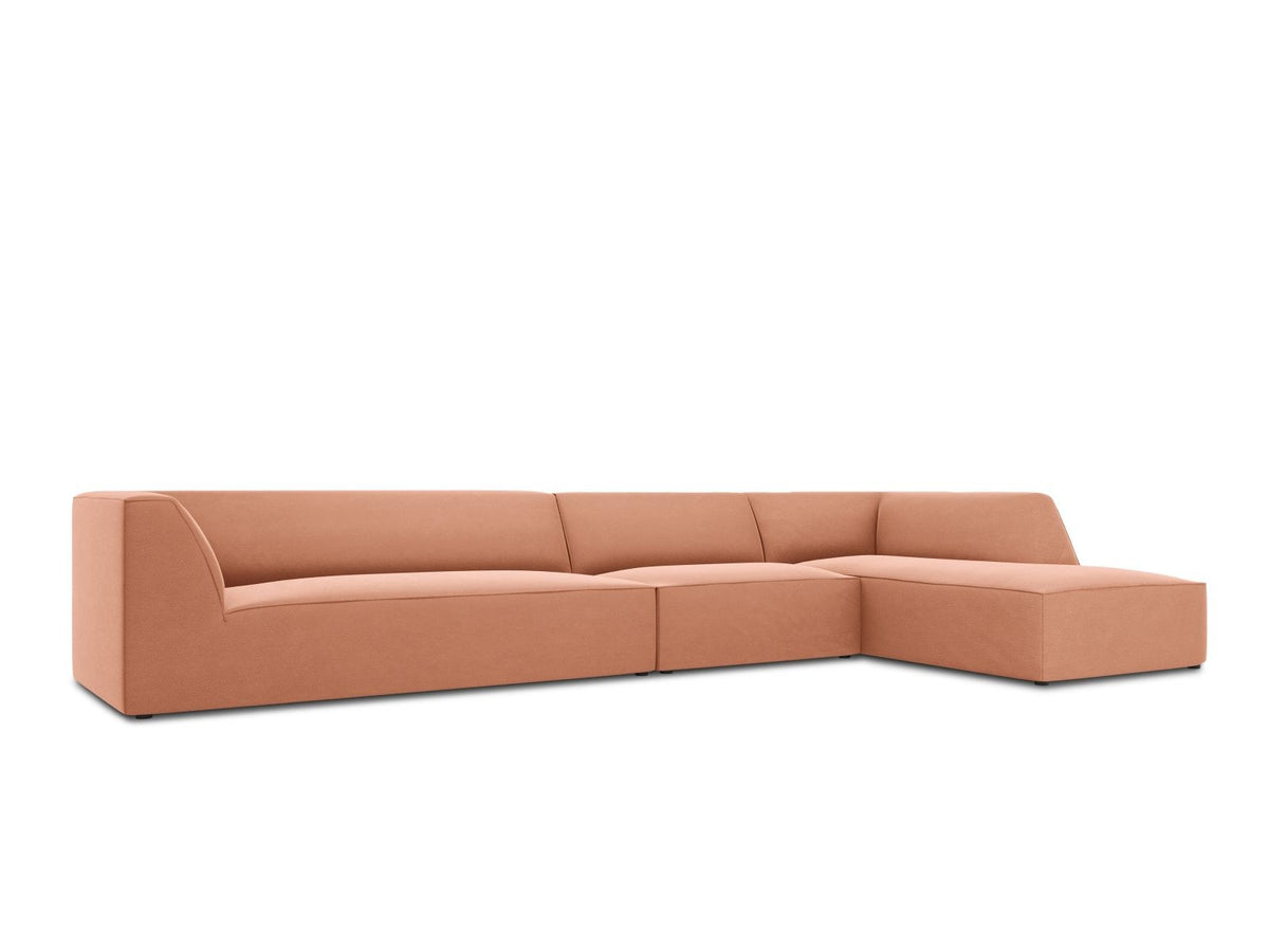Modulares Ecksofa rechts mit Samtbezug in Beige-Salvador, Récamiere, Massivholzrahmen und schwarzen Kunststoffbeinen, 5-Sitzer Ausführung.