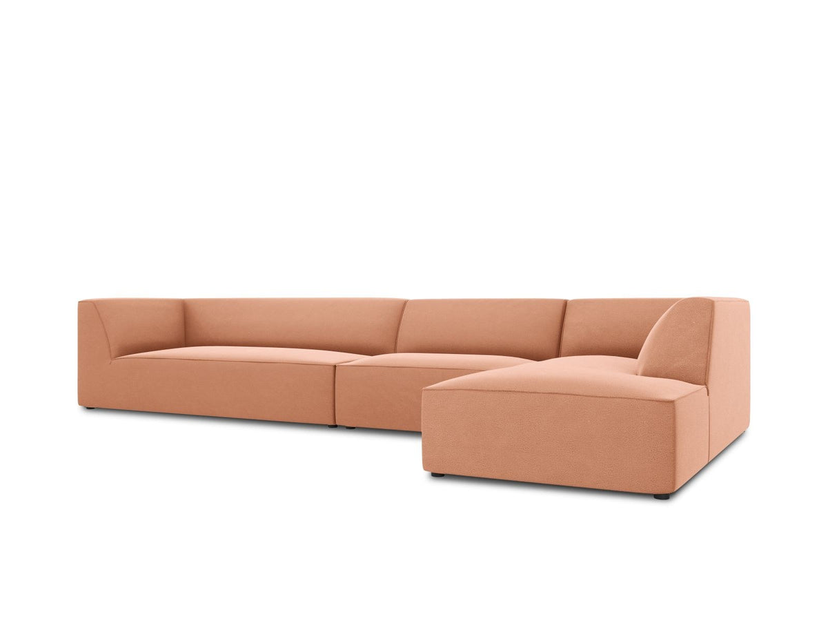 Modulares Ecksofa rechts mit Samtbezug in Beige-Salvador, Récamiere, Massivholzrahmen und schwarzen Kunststoffbeinen, 5-Sitzer Ausführung.