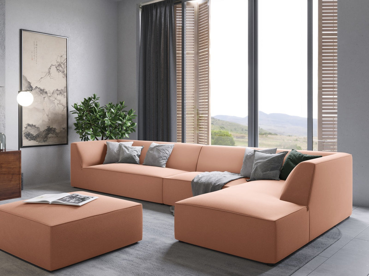 Modulares Ecksofa rechts mit Samtbezug in Beige-Salvador, Récamiere, Massivholzrahmen und schwarzen Kunststoffbeinen, 5-Sitzer Ausführung.