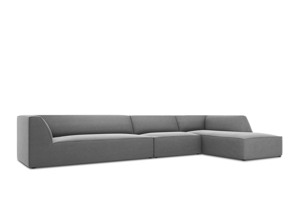 Modulares Ecksofa rechts mit Samtbezug in Beige-Salvador, Récamiere, Massivholzrahmen und schwarzen Kunststoffbeinen, 5-Sitzer Ausführung.