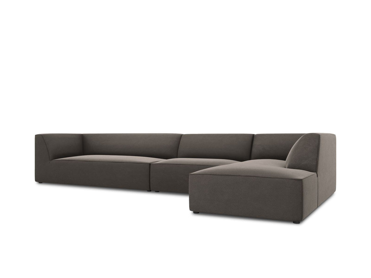 Modulares Ecksofa rechts mit Samtbezug in Beige-Salvador, Récamiere, Massivholzrahmen und schwarzen Kunststoffbeinen, 5-Sitzer Ausführung.