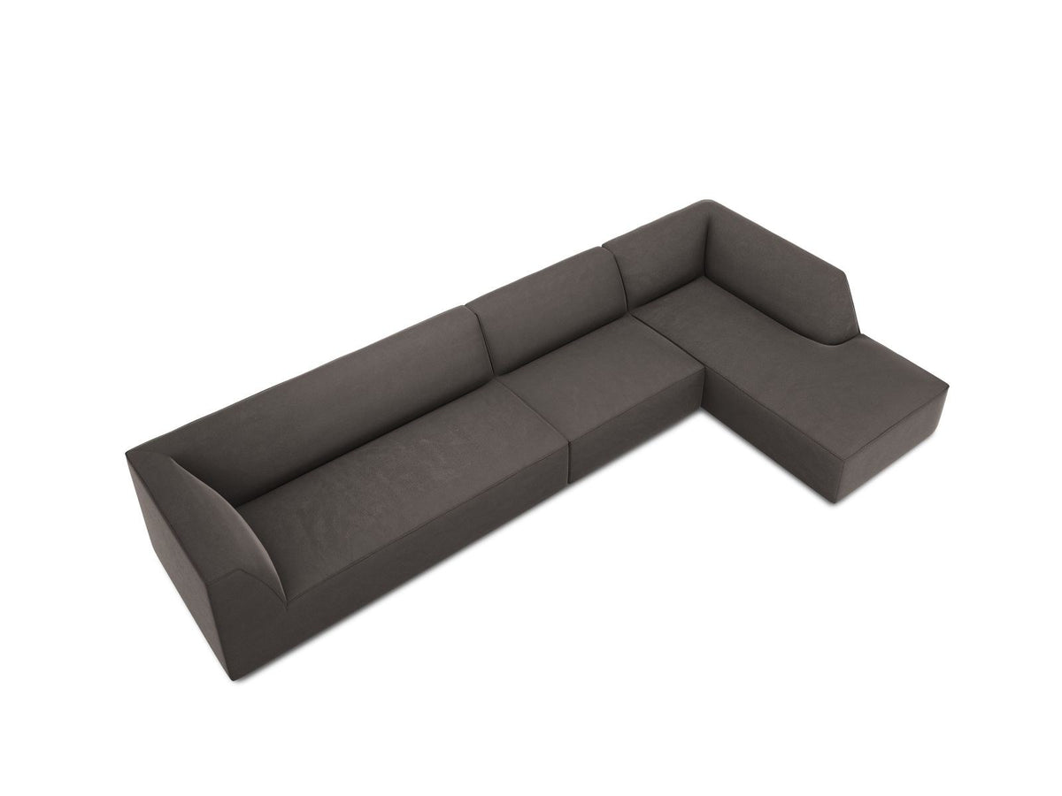 Modulares Ecksofa rechts mit Samtbezug in Beige-Salvador, Récamiere, Massivholzrahmen und schwarzen Kunststoffbeinen, 5-Sitzer Ausführung.
