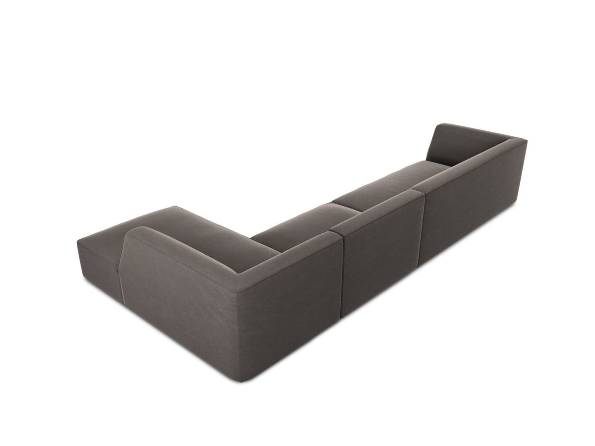 Modulares Ecksofa rechts mit Samtbezug in Beige-Salvador, Récamiere, Massivholzrahmen und schwarzen Kunststoffbeinen, 5-Sitzer Ausführung.