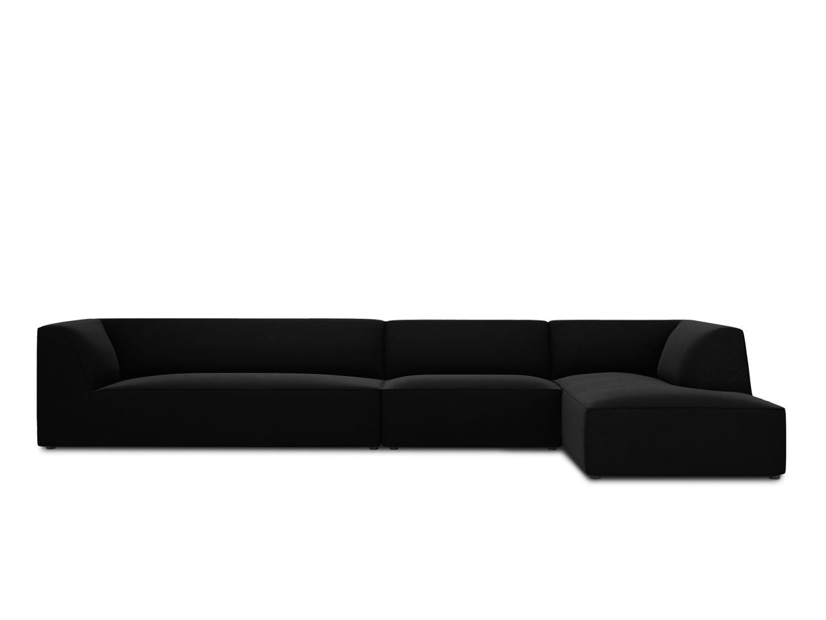 Modulares Ecksofa rechts mit Samtbezug in Beige-Salvador, Récamiere, Massivholzrahmen und schwarzen Kunststoffbeinen, 5-Sitzer Ausführung.