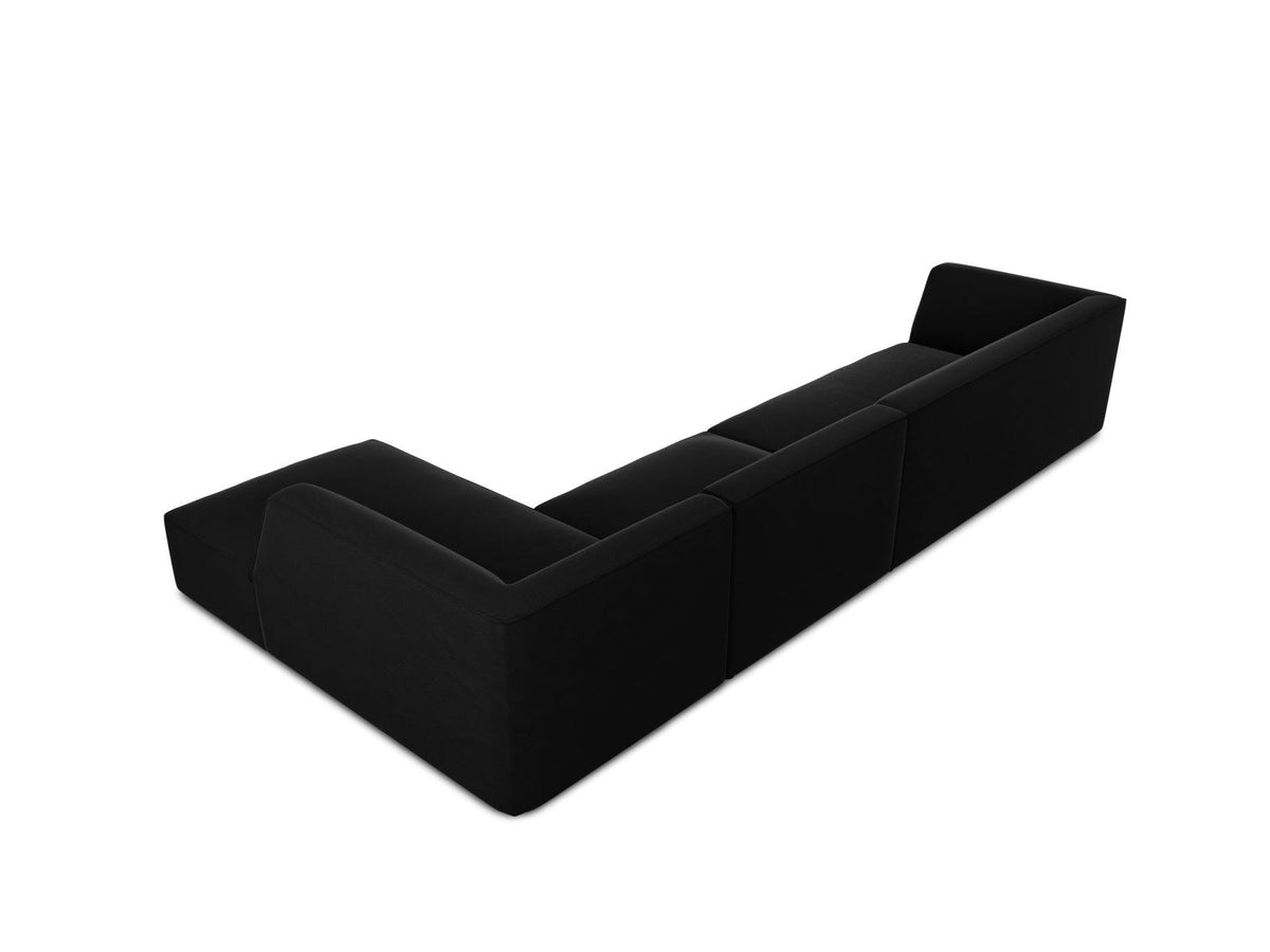 Modulares Ecksofa rechts mit Samtbezug in Beige-Salvador, Récamiere, Massivholzrahmen und schwarzen Kunststoffbeinen, 5-Sitzer Ausführung.