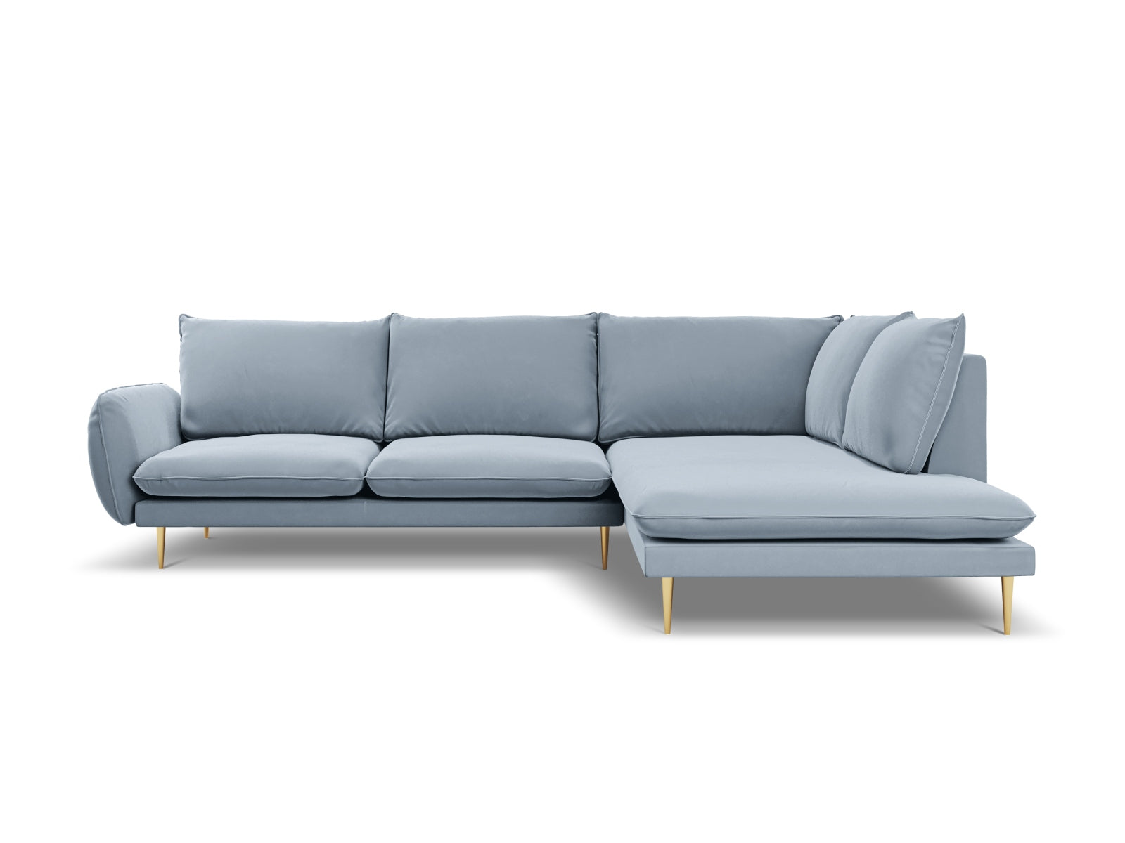 Modernes 6-sitziges Ecksofa in sanftem Hellblau, perfekt für entspannte Abende und stilvolle Einrichtungsideen.
