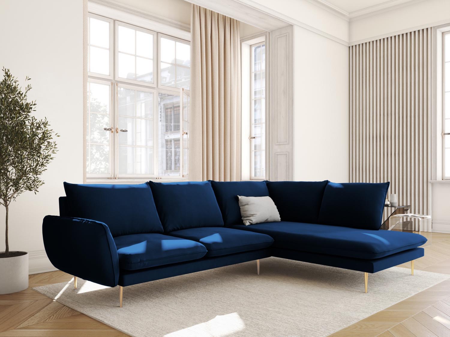 Elegantes Vienna Velour Ecksofa in Royal Blue, 6-Sitzer, 185 cm, ideal für stilvolle Wohnräume, präsentiert von Cosmopolitan Design.