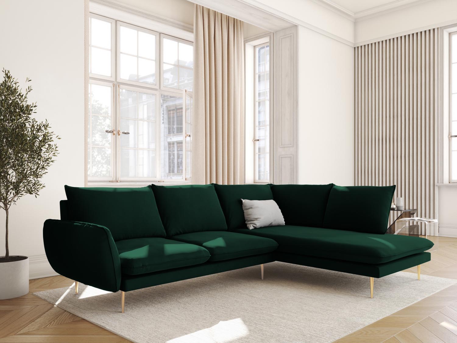 Vienna Velour Ecksofa rechts 6 Sitzer 185cm in Bottle Green/Gold-Bluvel präsentiert im Onlineshop von KAQTU Design AG. Ecksofa rechts ist von Cosmopolitan Design