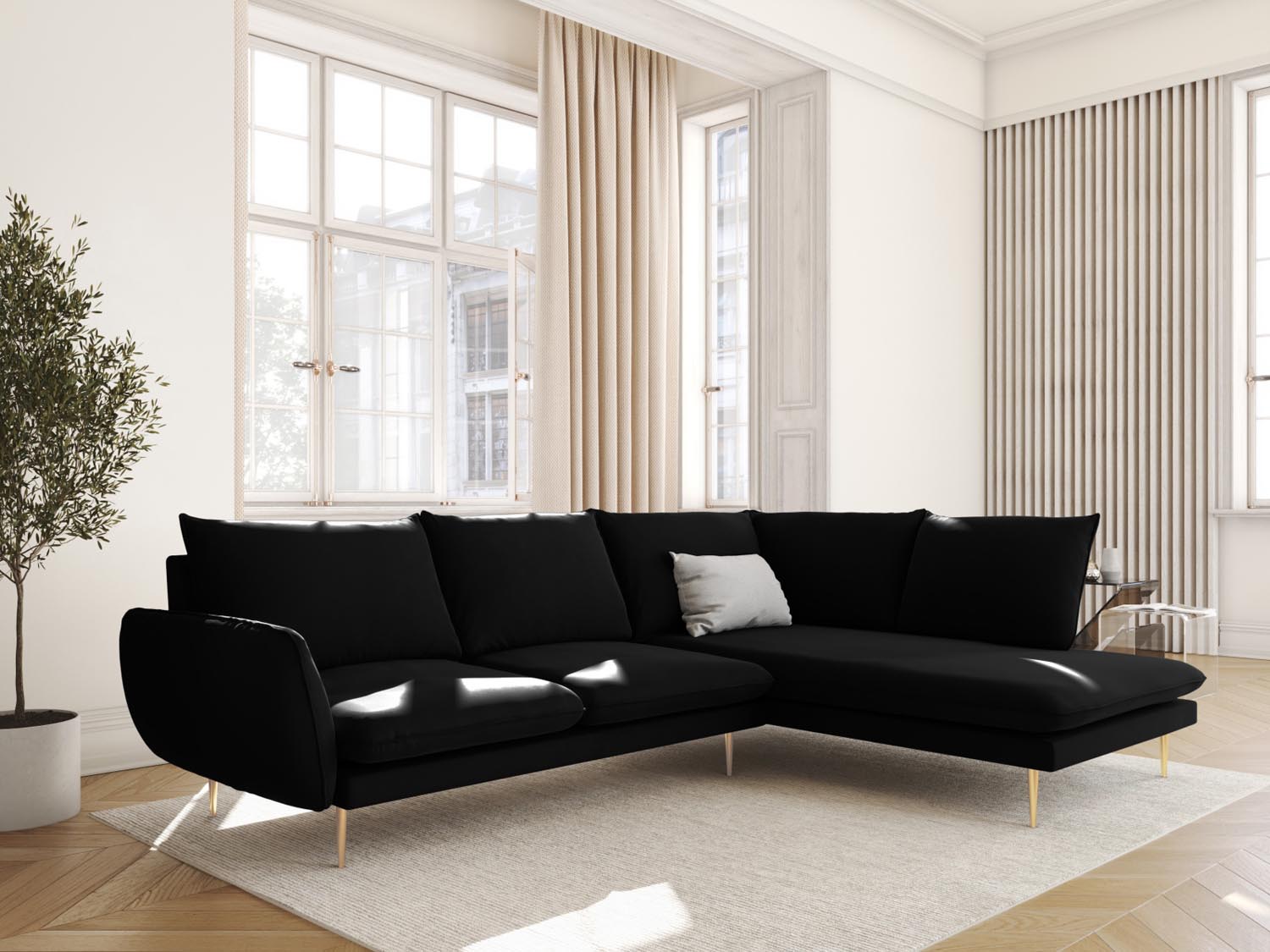 Vienna Velour Ecksofa rechts 6 Sitzer 185cm in Black/Gold-Bluvel präsentiert im Onlineshop von KAQTU Design AG. Ecksofa rechts ist von Cosmopolitan Design