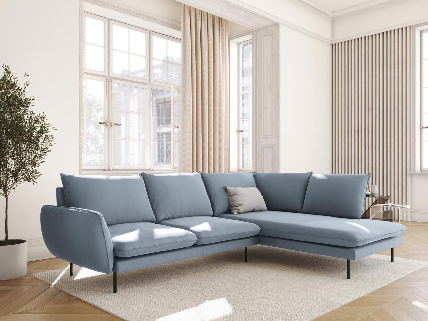 Vienna Velour Ecksofa rechts 6 Sitzer 185cm in Light Blue/Schwarz-Bluvel präsentiert im Onlineshop von KAQTU Design AG. Ecksofa rechts ist von Cosmopolitan Design