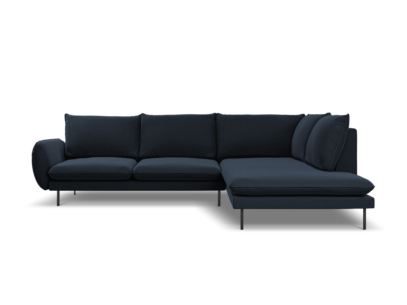 Stilvolles, dunkelblaues Ecksofa Vienna Velour, 6-Sitzer, 185 cm, perfekt für moderne Wohnzimmer, entworfen von Cosmopolitan Design.