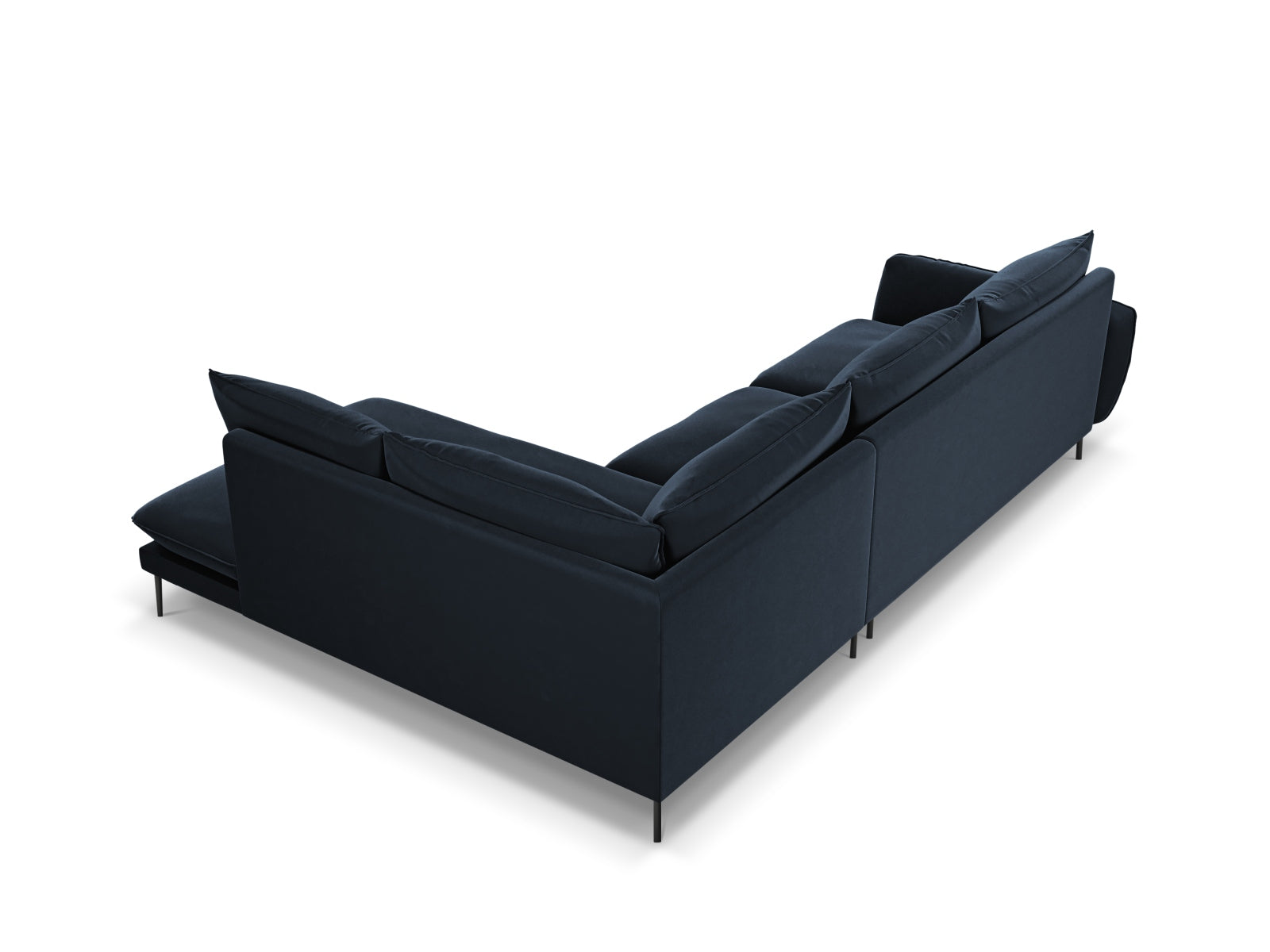 Elegantes, dunkelblaues 6-Sitzer Ecksofa Vienna Velour, 185 cm, ideal für stilvolle Wohnräume, entworfen von Cosmopolitan Design.