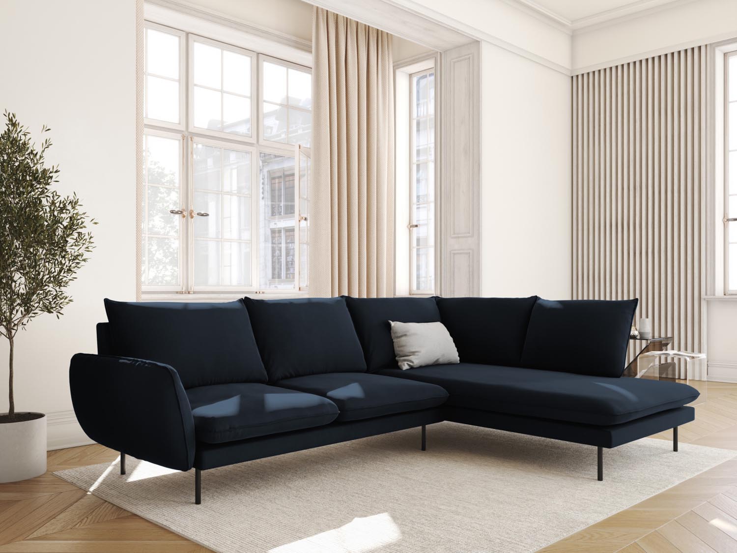 Elegantes Vienna Velour Ecksofa in Dunkelblau, 6-Sitzer, 185 cm, ideal für stilvolle Wohnräume, präsentiert von Cosmopolitan Design.