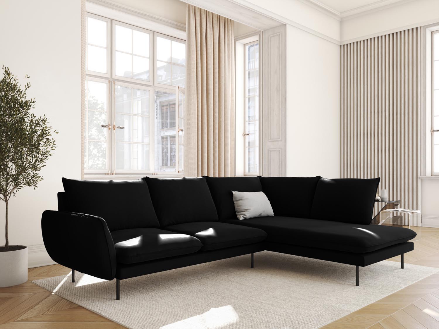 Elegantes Vienna Velour Ecksofa in Schwarz, 6-Sitzer mit 185 cm, ideal für stilvolle Wohnräume, präsentiert von Cosmopolitan Design.