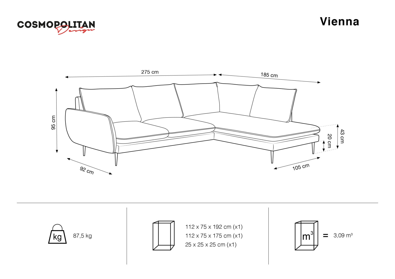 Vienna Ecksofa rechts 6 Sitzer 185cm in Beige/Gold-Positano präsentiert im Onlineshop von KAQTU Design AG. Ecksofa rechts ist von Cosmopolitan Design