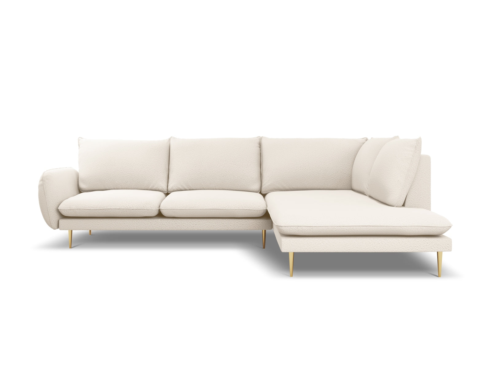 Elegantes Vienna Boucle Ecksofa in Beige mit goldenen Akzenten, ideal für stilvolle Wohnräume. 6-Sitzer, 185 cm, rechtsseitig.