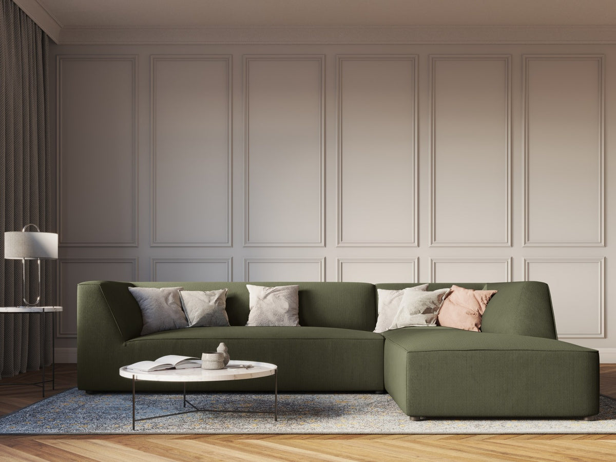 Modulares Ecksofa Siena in Light Grey-Ottawa mit Récamiere, Massivholzrahmen und schwarzen Kunststoffbeinen, 4-Sitzer, Breite 273 cm.