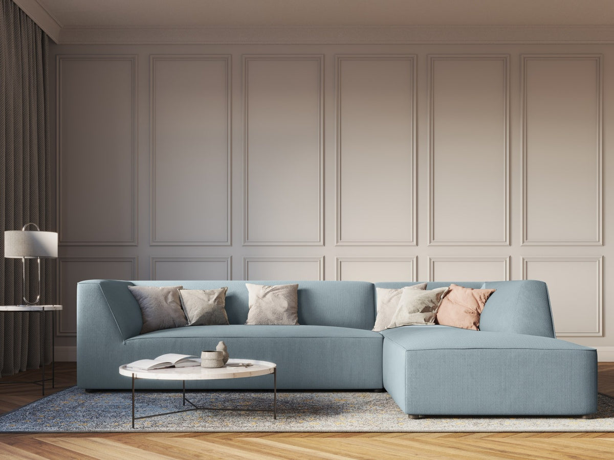 Modulares Ecksofa Siena in Light Grey-Ottawa mit Récamiere, Massivholzrahmen und schwarzen Kunststoffbeinen, 4-Sitzer, Breite 273 cm.