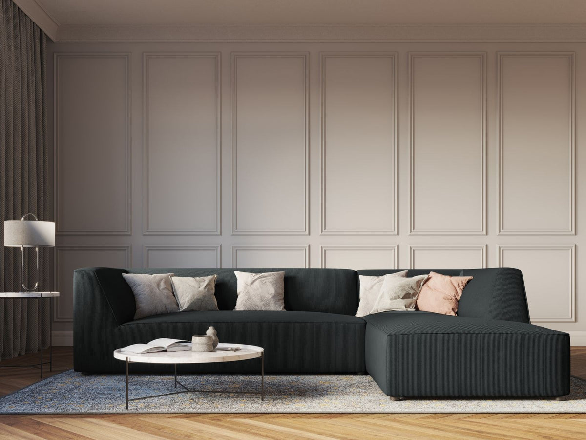 Modulares Ecksofa Siena in Light Grey-Ottawa mit Récamiere, Massivholzrahmen und schwarzen Kunststoffbeinen, 4-Sitzer, Breite 273 cm.