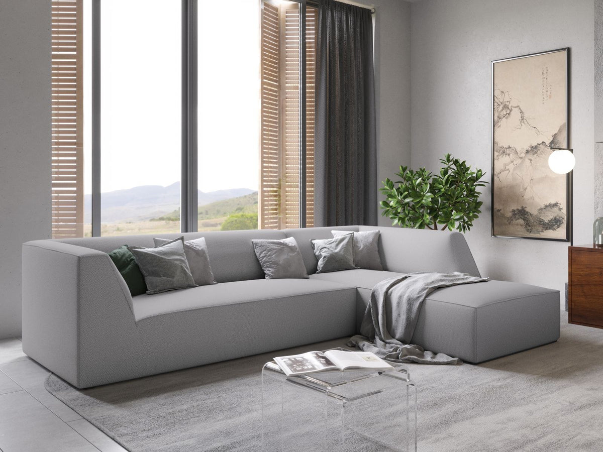 Modulares Ecksofa Siena in Light Grey-Ottawa mit Récamiere, Massivholzrahmen und schwarzen Kunststoffbeinen, 4-Sitzer, Breite 273 cm.