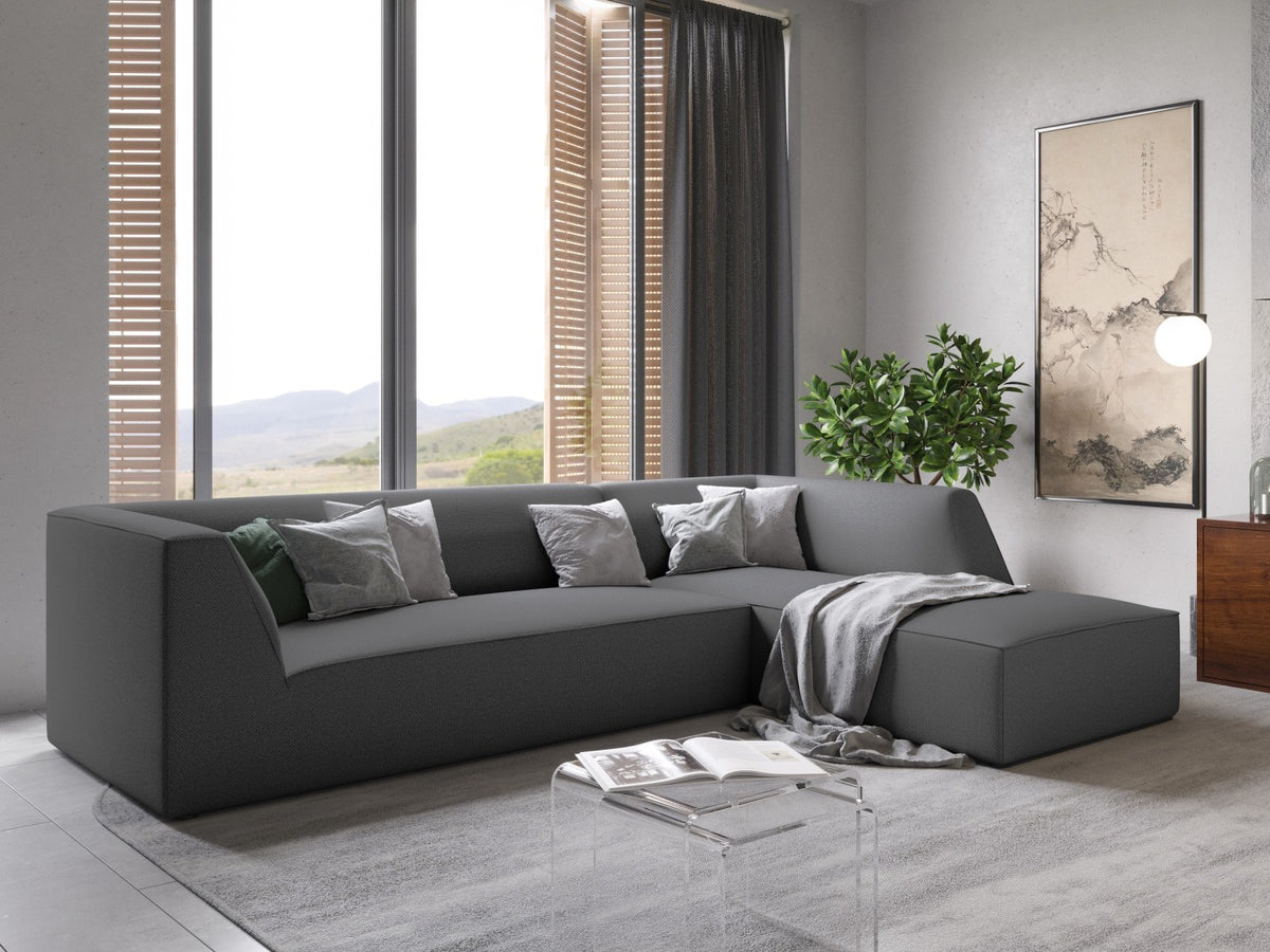 Modulares Ecksofa Siena in Light Grey-Ottawa mit Récamiere, Massivholzrahmen und schwarzen Kunststoffbeinen, 4-Sitzer, Breite 273 cm.