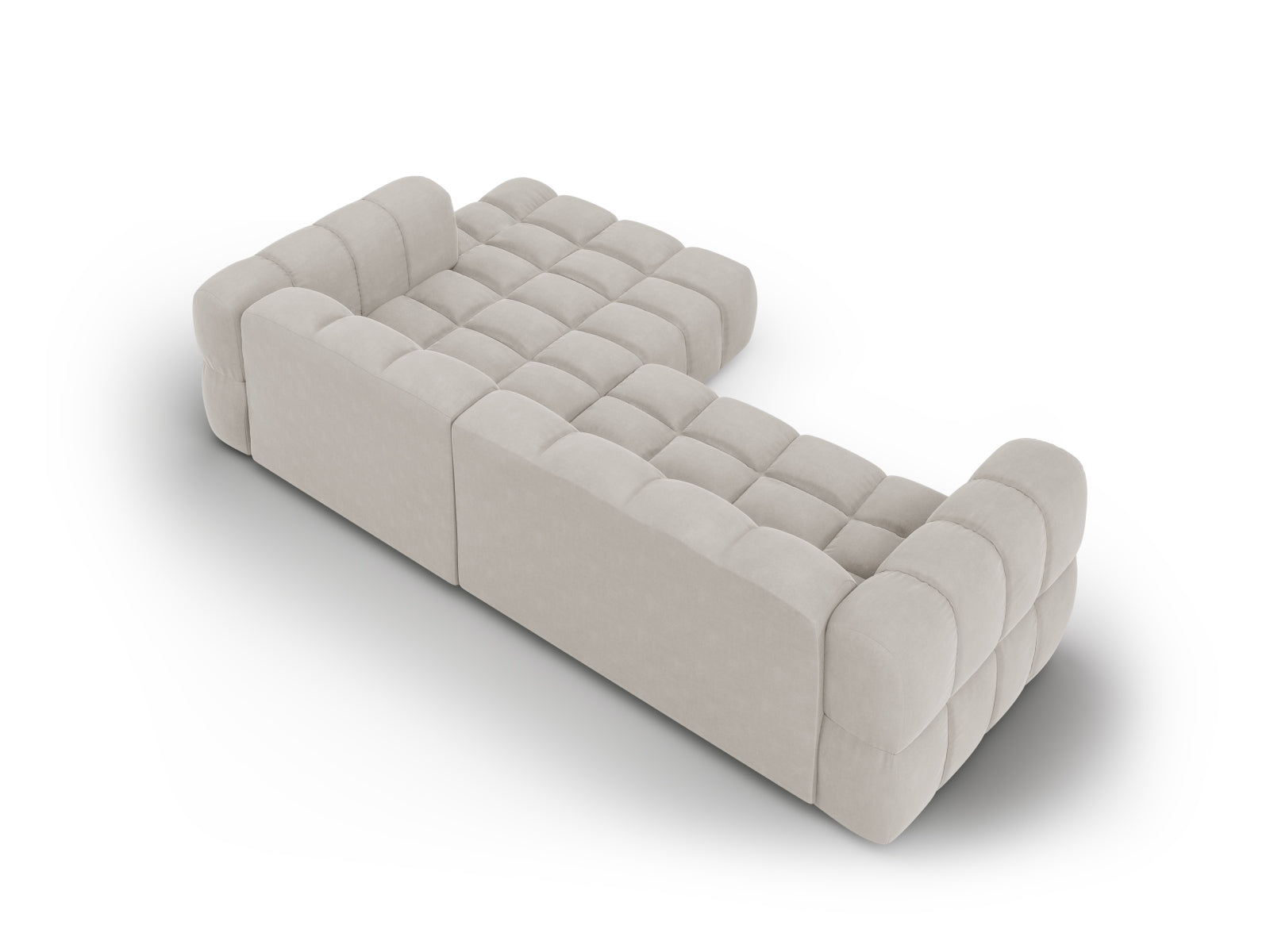 Modulares Ecksofa Sky Velour in hellem Beige, 4-Sitzer, rechte Ausführung, perfekt für moderne und gemütliche Wohnambiente.