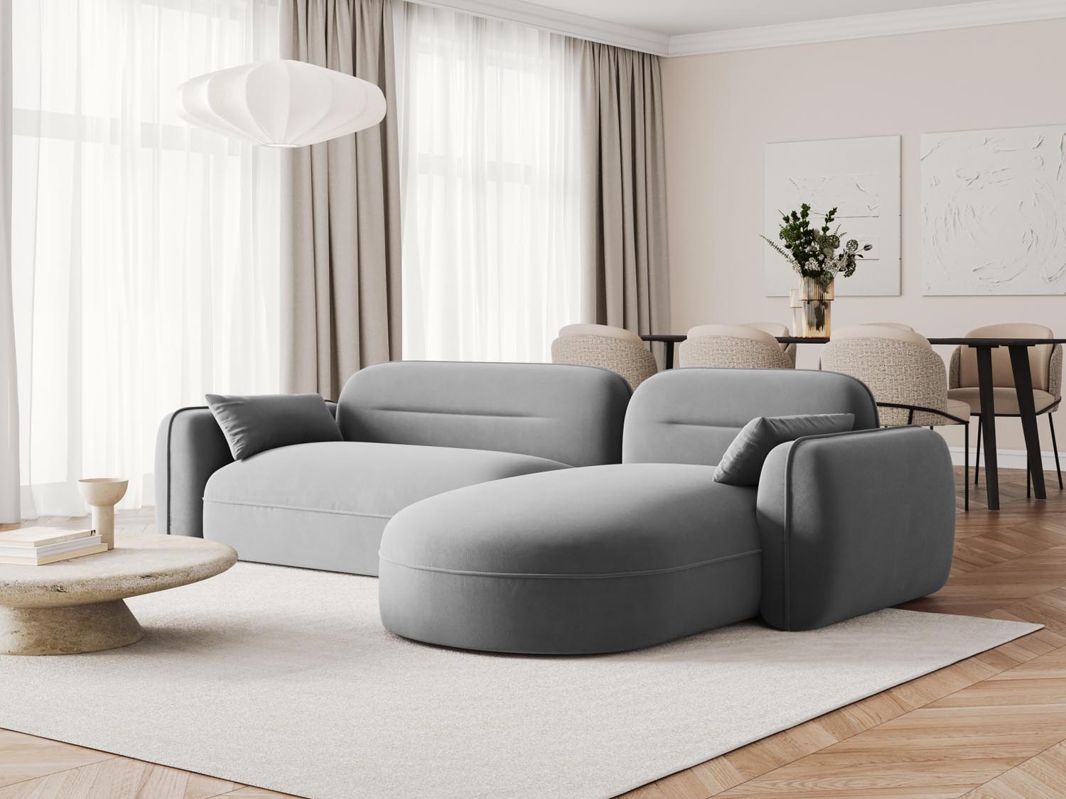 Modernes 4-Sitzer Ecksofa Sydney aus Velours, rechte Ausführung, perfekt für gemütliche Zusammenkünfte und stilvolle Einrichtung.
