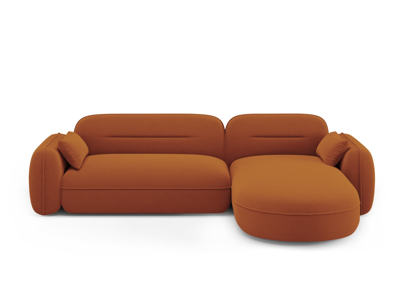 Elegantes, modulares Ecksofa Sydney in warmem Terracotta-Velours, ideal für stilvolle Wohnräume und gemütliche Abende.