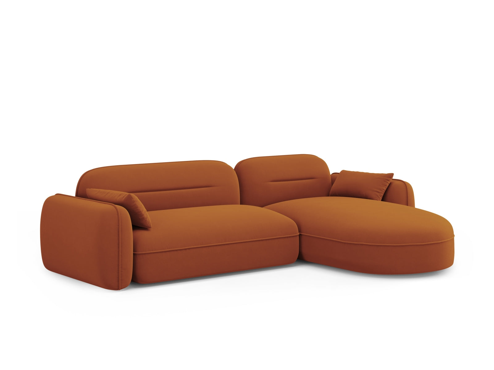 Elegantes, modulares Ecksofa Sydney in warmem Terracotta-Velours, ideal für stilvolle Wohnräume und gemütliche Zusammenkünfte.
