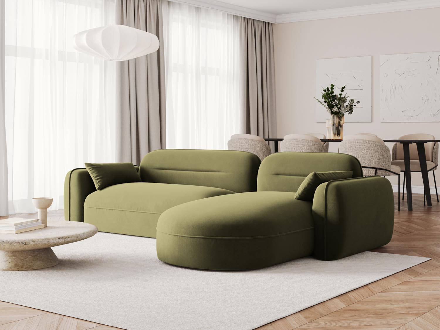 Modulares Ecksofa Sydney in sanftem Grün, ideal für moderne Wohnzimmer und gesellige Abende, bietet Komfort und Stil.