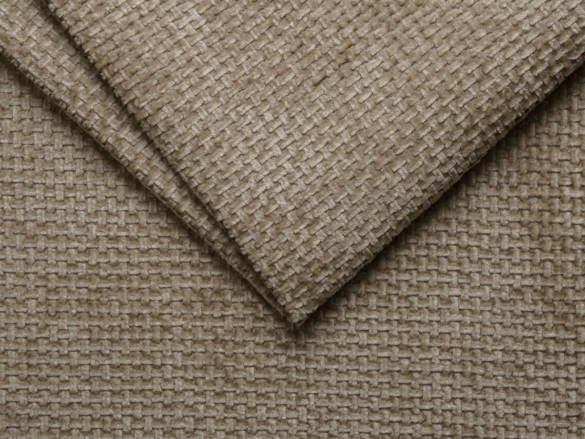 Ecksofa Chicago mit hellbeigem Chenillestoff Eden, schwarzen Kunststoffbeinen und breiter Récamiere, rechtsseitig ausgerichtet, 3-Sitzer.