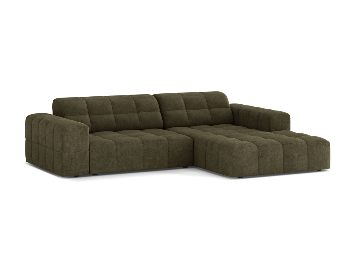 Ecksofa Chicago mit hellbeigem Chenillestoff Eden, schwarzen Kunststoffbeinen und breiter Récamiere, rechtsseitig ausgerichtet, 3-Sitzer.
