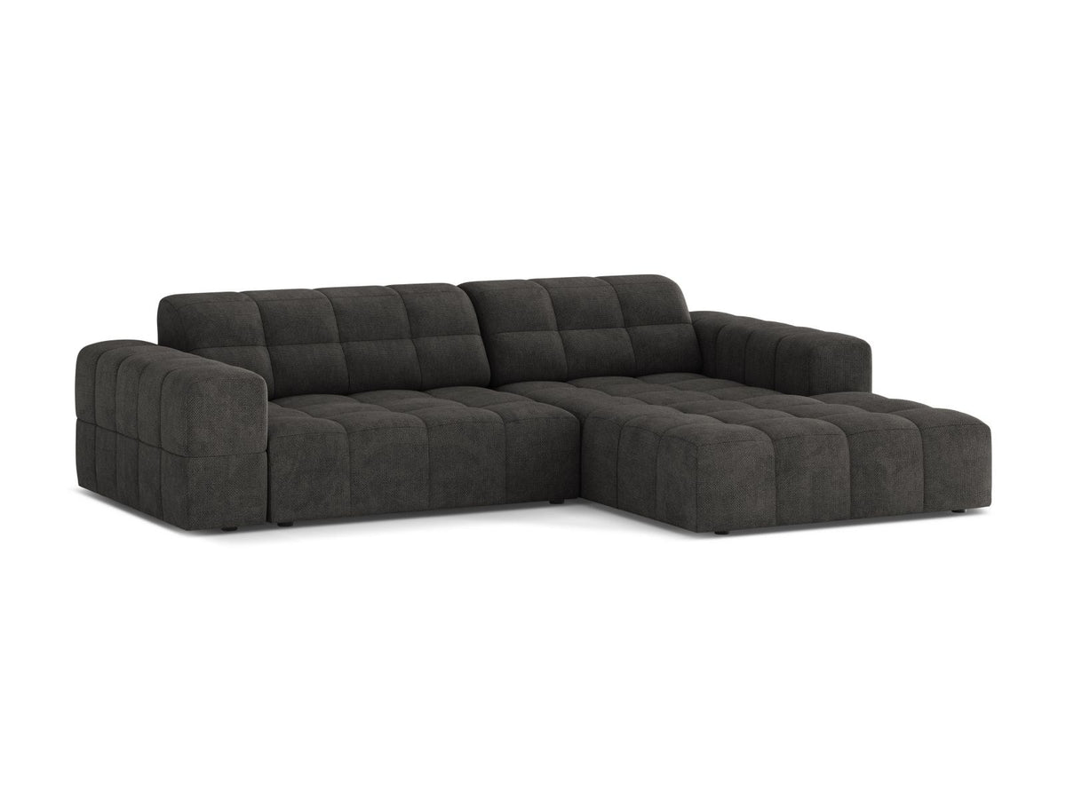 Ecksofa Chicago mit hellbeigem Chenillestoff Eden, schwarzen Kunststoffbeinen und breiter Récamiere, rechtsseitig ausgerichtet, 3-Sitzer.