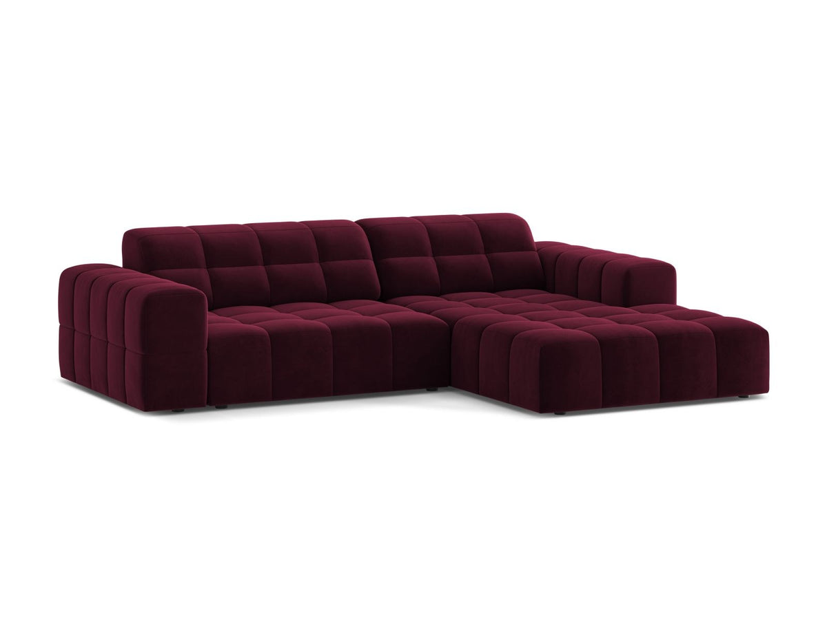 Chicago Samt-Ecksofa rechts 3-Sitzer in Light Beige-Venus mit Récamiere, Massivholzrahmen, schwarzen Kunststoffbeinen und plüschigem Samtbezug.
