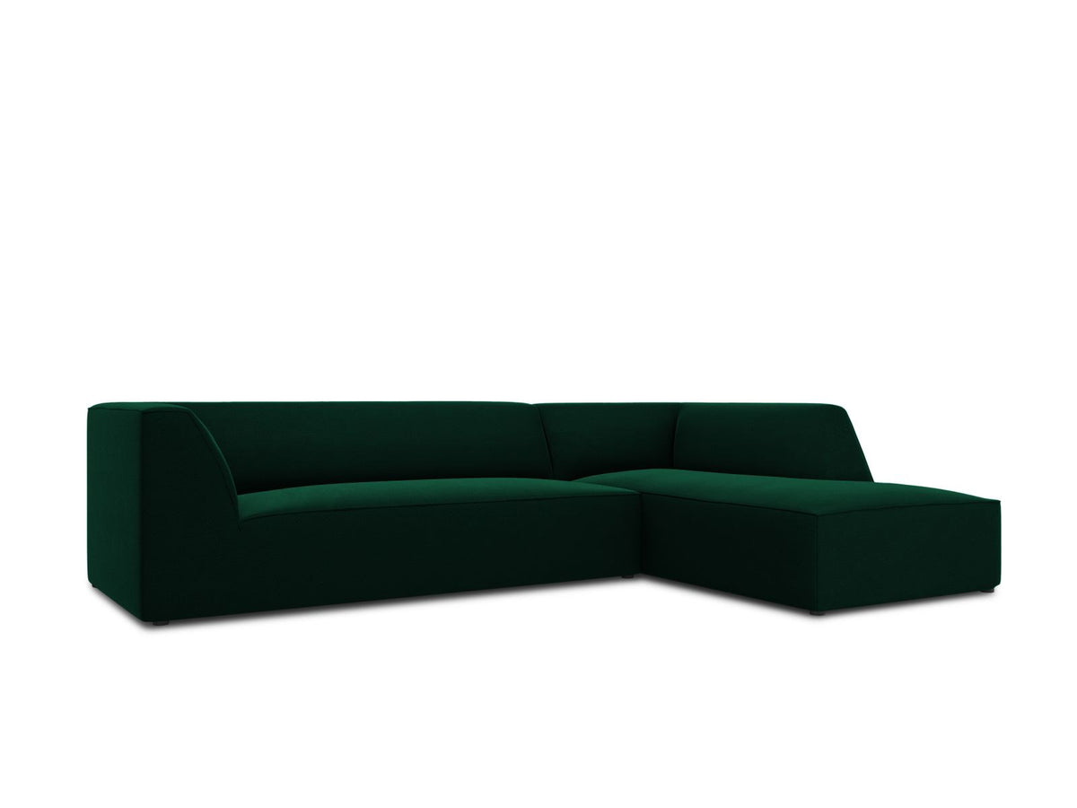 Modulares Ecksofa rechts Siena in Beige-Salvador Samtstoff mit schwarzen Kunststoffbeinen, Récamiere und Massivholzrahmen, 4-Sitzer, 180 cm.