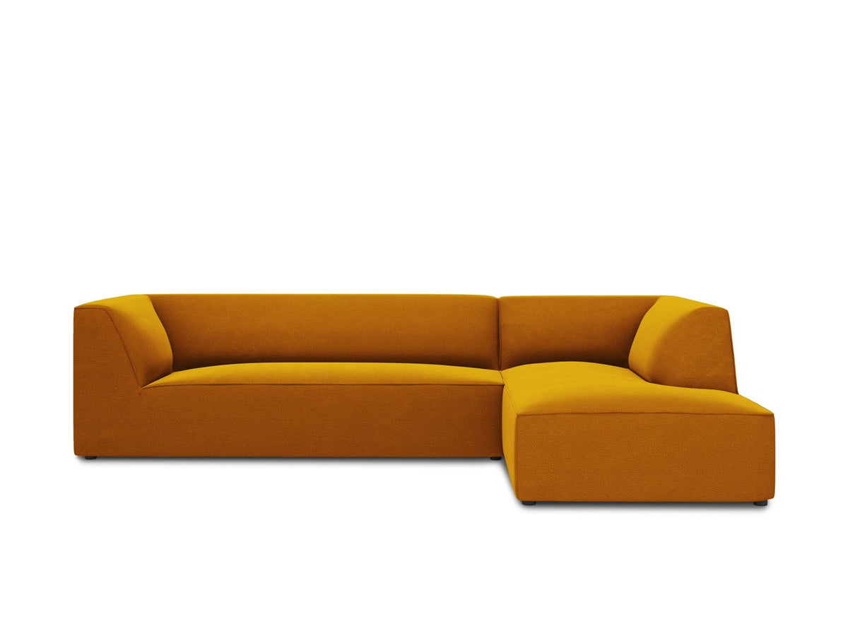 Modulares Ecksofa rechts Siena in Beige-Salvador Samtstoff mit schwarzen Kunststoffbeinen, Récamiere und Massivholzrahmen, 4-Sitzer, 180 cm.