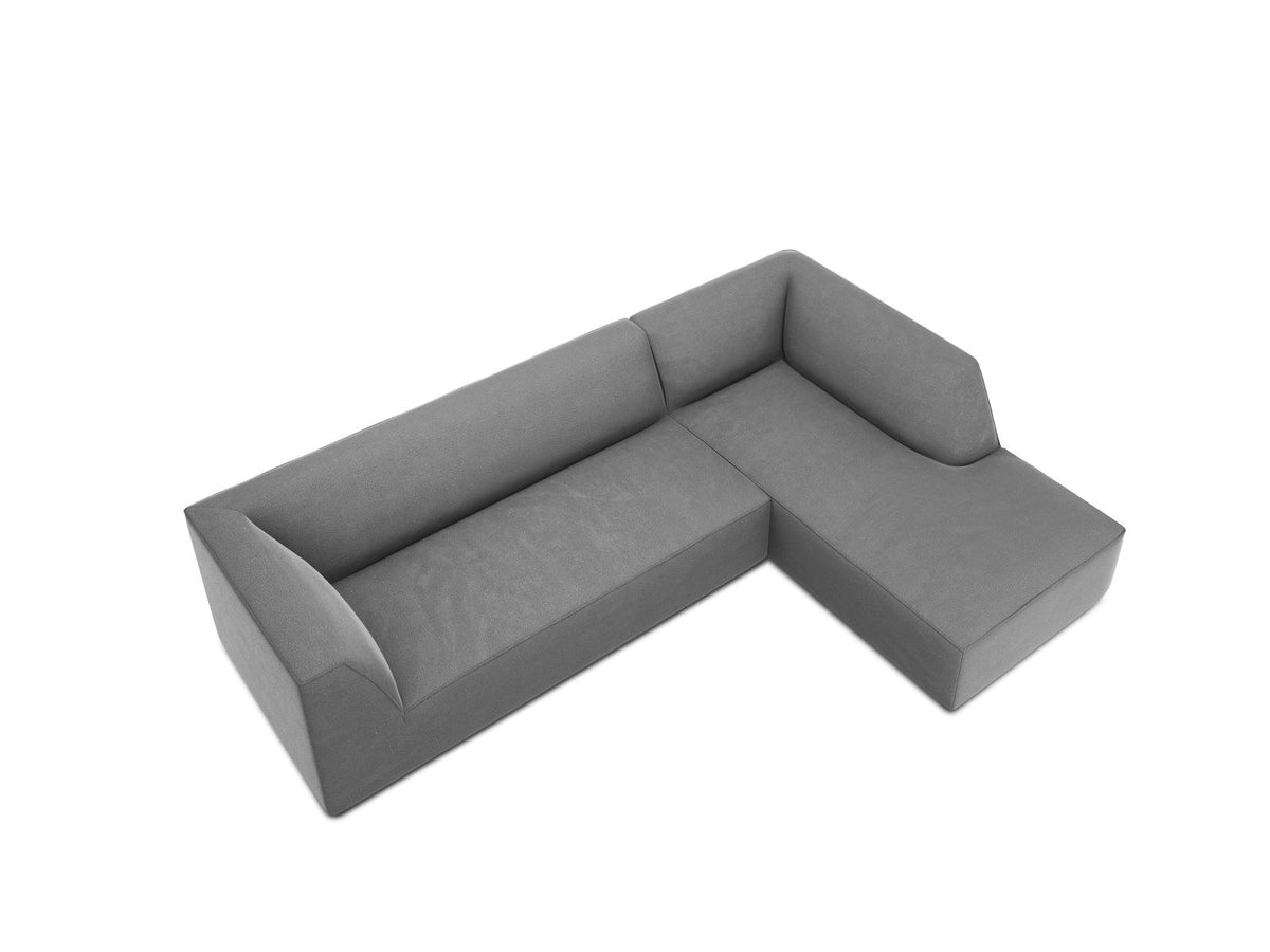 Modulares Ecksofa rechts Siena in Beige-Salvador Samtstoff mit schwarzen Kunststoffbeinen, Récamiere und Massivholzrahmen, 4-Sitzer, 180 cm.