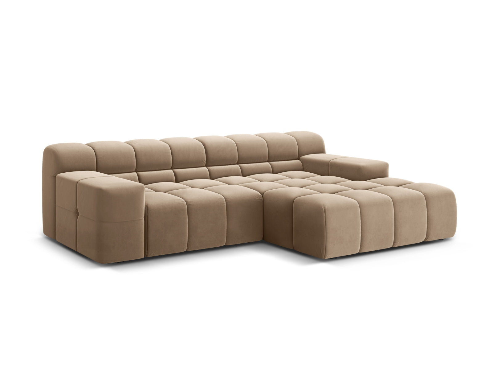 Elegantes 2-Sitzer Ecksofa rechts Hawaii in stilvollem Cappuccino-Magic Velvet, ideal für moderne Wohnräume.