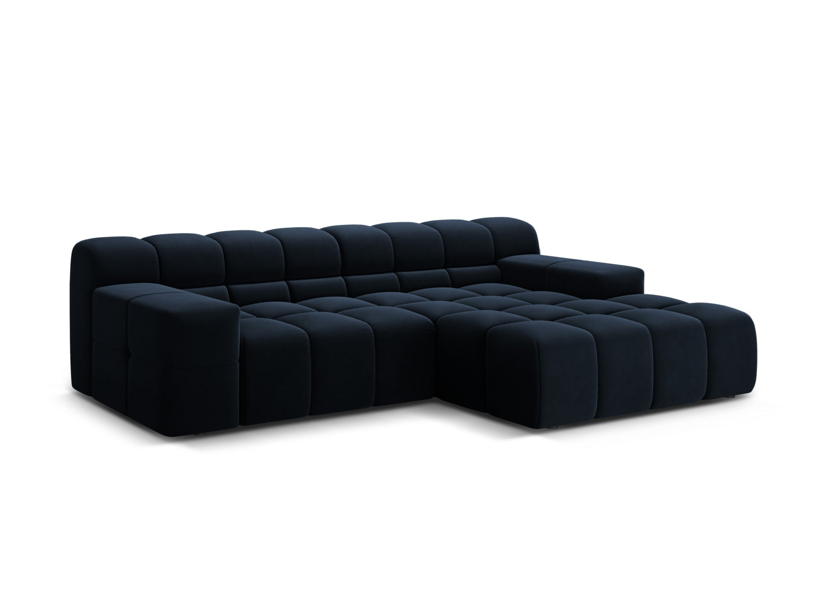 Elegantes 2-Sitzer Ecksofa rechts Hawaii in tiefem Navy Blue-Magic Velvet, ideal für stilvolle Wohnräume, präsentiert von Cosmopolitan Design.