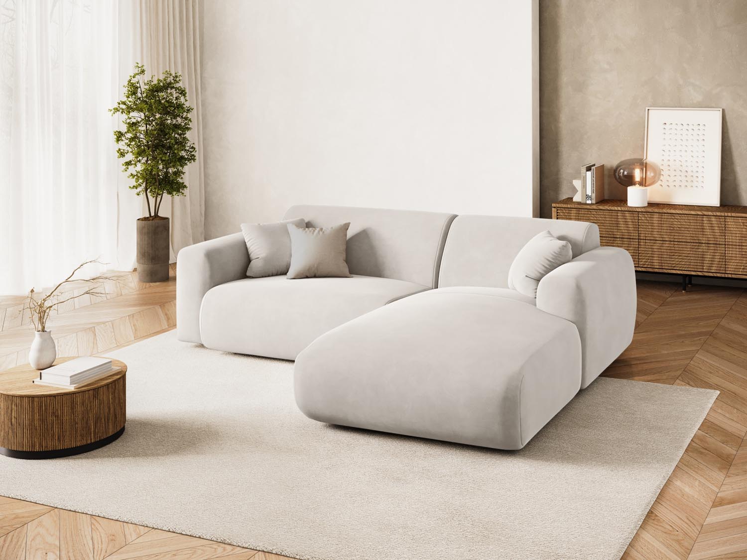 Erleben Sie das elegante Nolio Velour Ecksofa rechts von Cosmopolitan Design. Dieses 4-Sitzer Sofa (170 cm) bietet perfekten Komfort und modernes Flair.