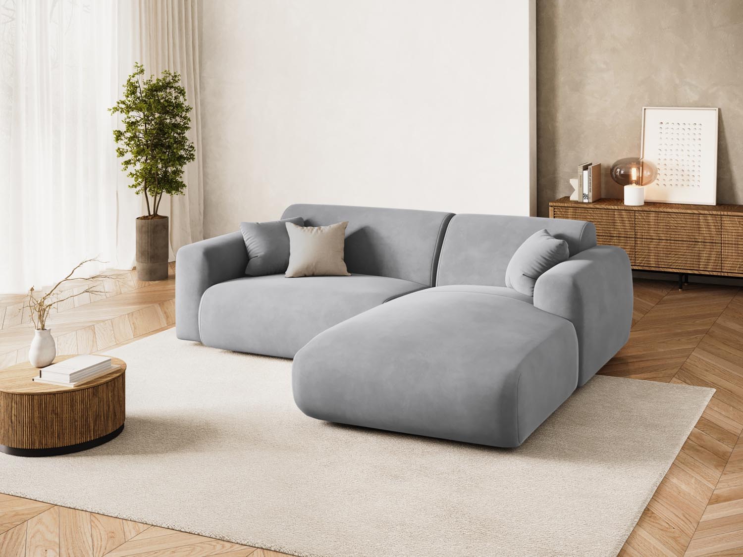 Elegantes Nolio Velour Ecksofa in dezentem Grau, 4-Sitzer, ideal für stilvolle Wohnräume und gesellige Abende.