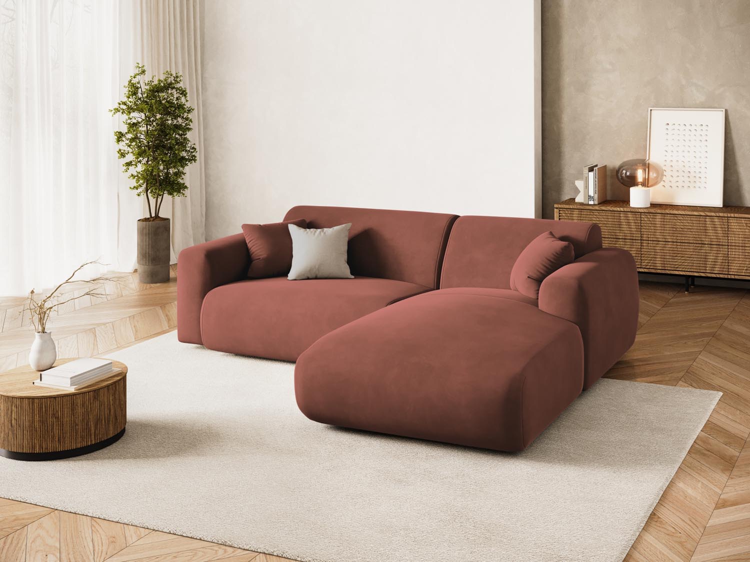 Elegantes Nolio Velour Ecksofa in Cuoio-Casino, 4-Sitzer, rechts, ideal für moderne Wohnräume und gemütliche Abende.