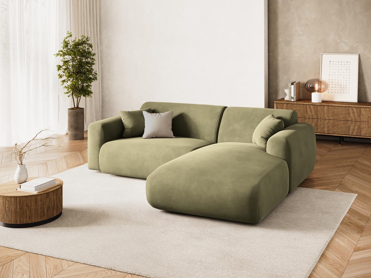 Erleben Sie das elegante Nolio Velour Ecksofa rechts von Cosmopolitan Design. Dieses 4-Sitzer Sofa (170 cm) bietet perfekten Komfort und modernes Flair.