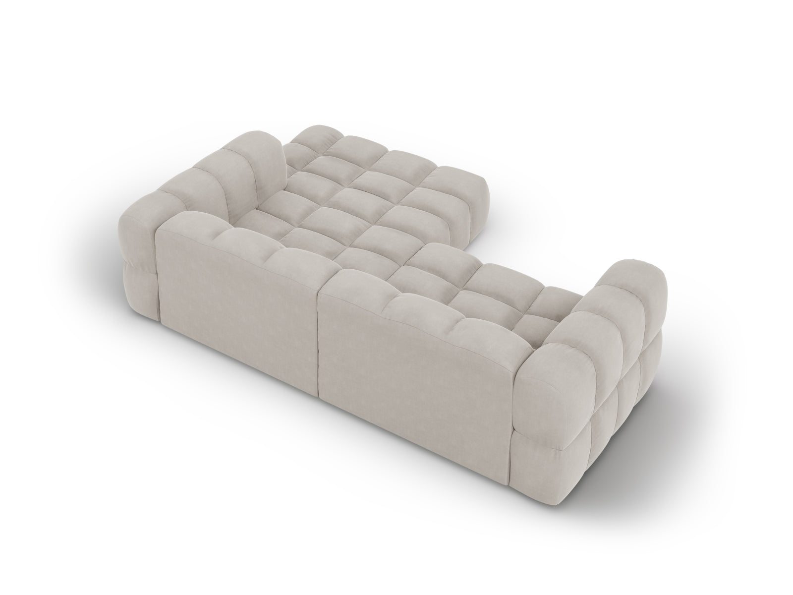 Elegantes, modulares Ecksofa Sky Velour in sanftem Beige, 3-Sitzer, rechte Variante, ideal für stilvolle Wohnräume von Cosmopolitan Design.