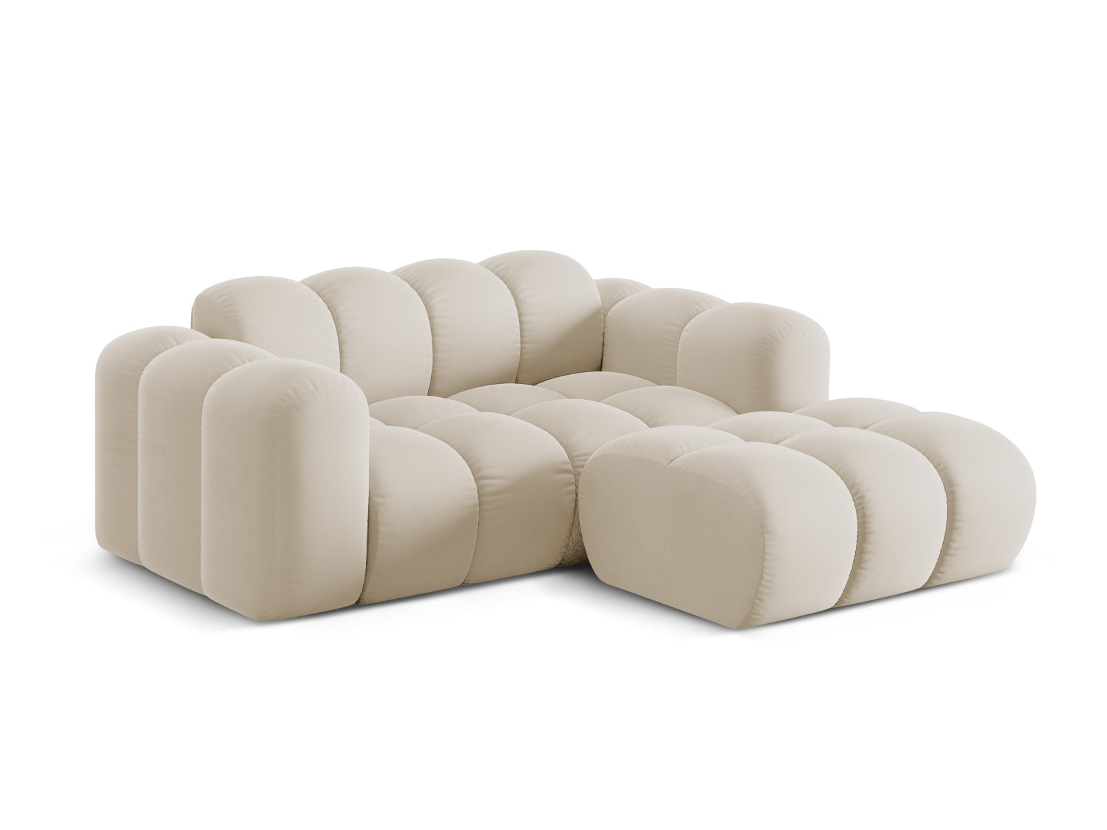 Elegantes 2-Sitzer Ecksofa Treno in stilvollem Dark Beige-Bluvel, ideal für moderne Wohnräume, präsentiert von Cosmopolitan Design.