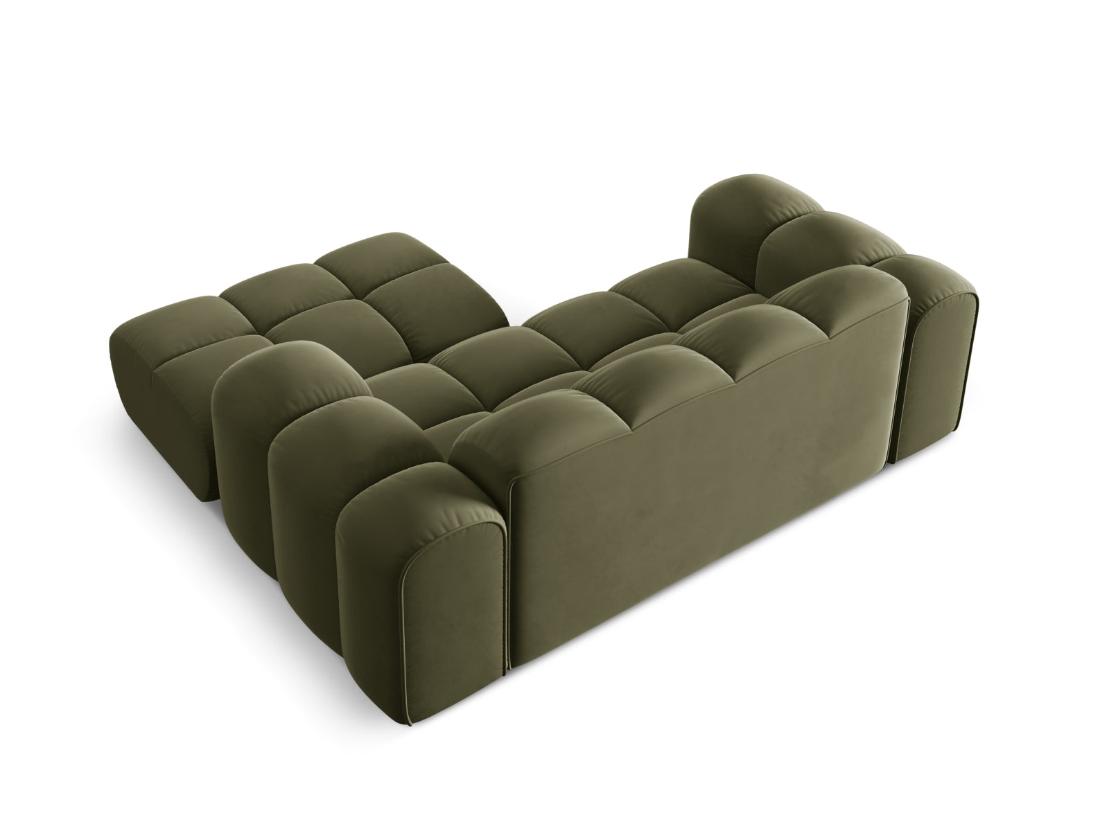 Elegantes 2-Sitzer Ecksofa Treno in trendigem Green-Bluvel, perfekt für stilvolle Wohnräume und entspannte Stunden von Cosmopolitan Design.