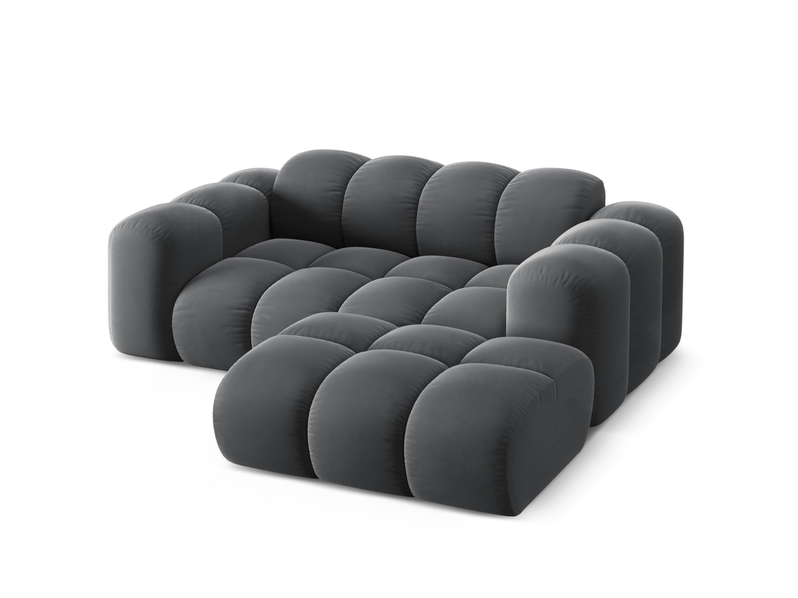 Modernes 2-Sitzer Ecksofa Treno in Grau-Bluvel, ideal für gemütliche Wohnräume, erhältlich bei Cosmopolitan Design.