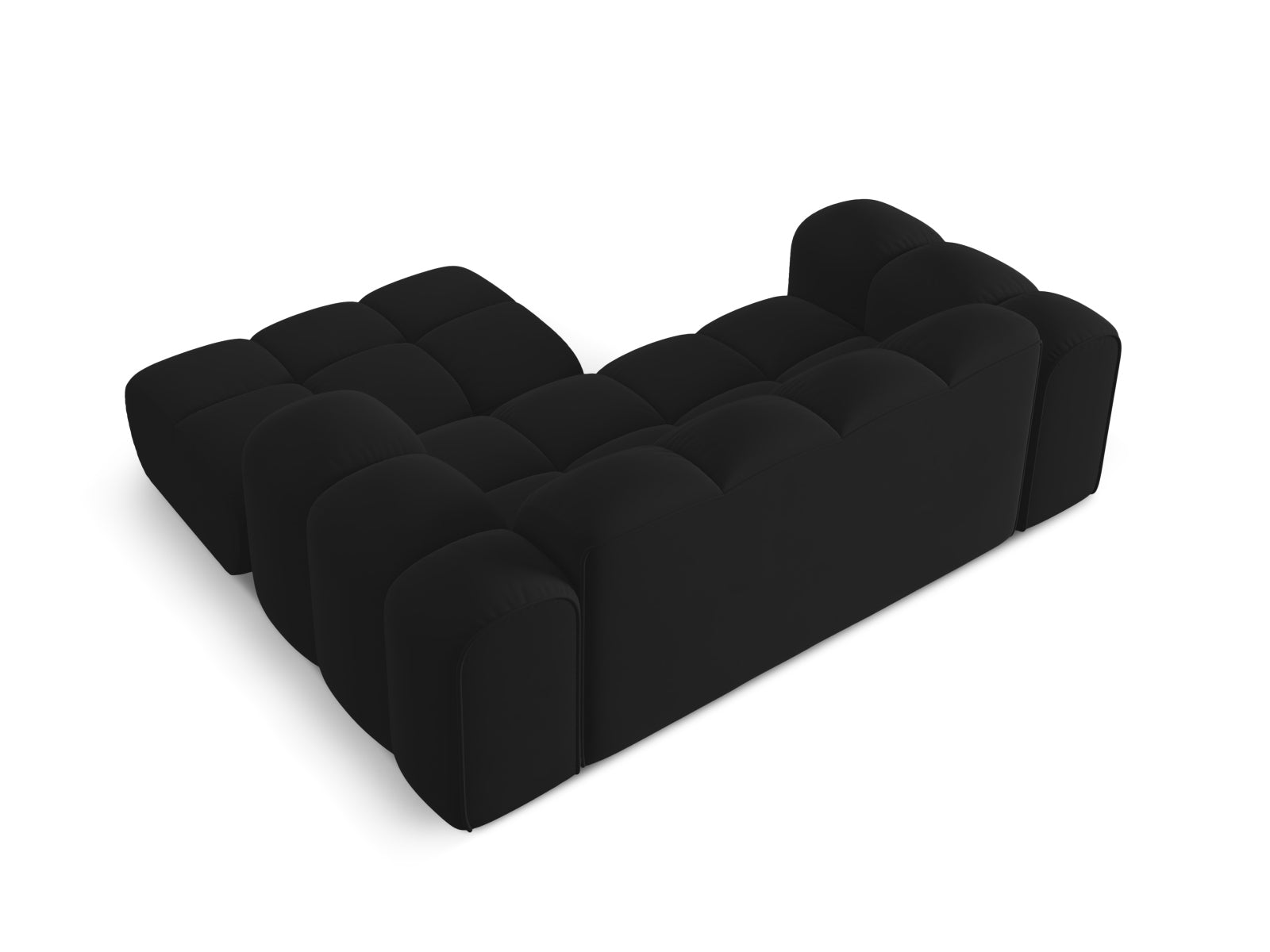 Elegantes 2-Sitzer Ecksofa Treno in edlem Black-Bluvel, perfekt für stilvolle Wohnräume und entspannte Stunden von Cosmopolitan Design.