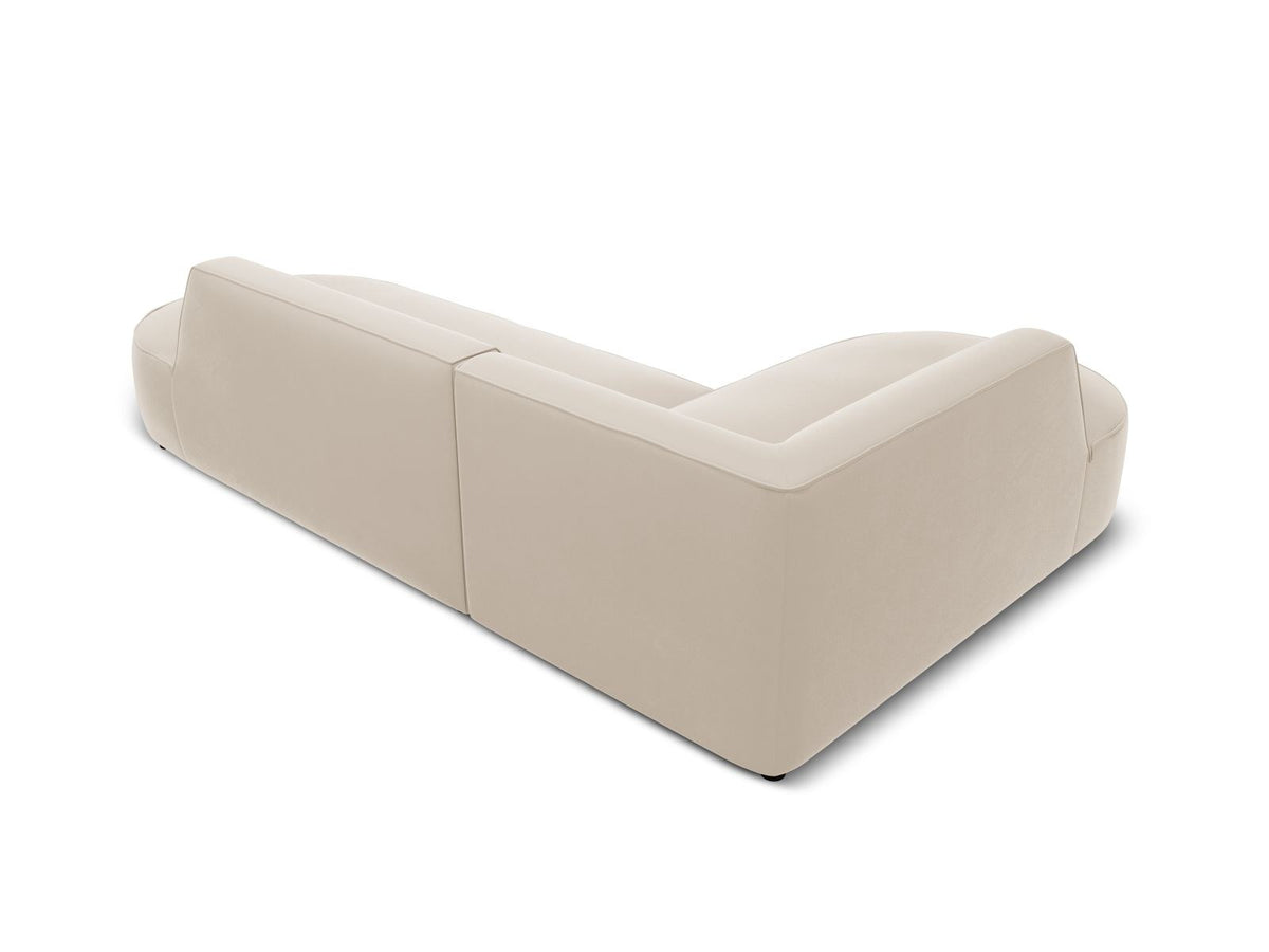 Modulares Ecksofa links in Beige-Salvador Samtstoff, schwarze Kunststoffbeine, Récamiere und gepolsterte Rückenlehne, 4-Sitzer, 180cm Breite.